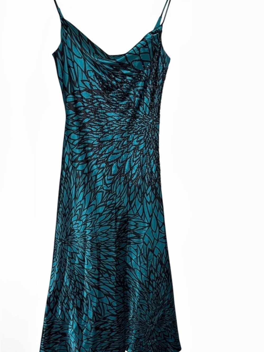 Nightway green & black cowl neck satin beaded floral evening gown Size 10